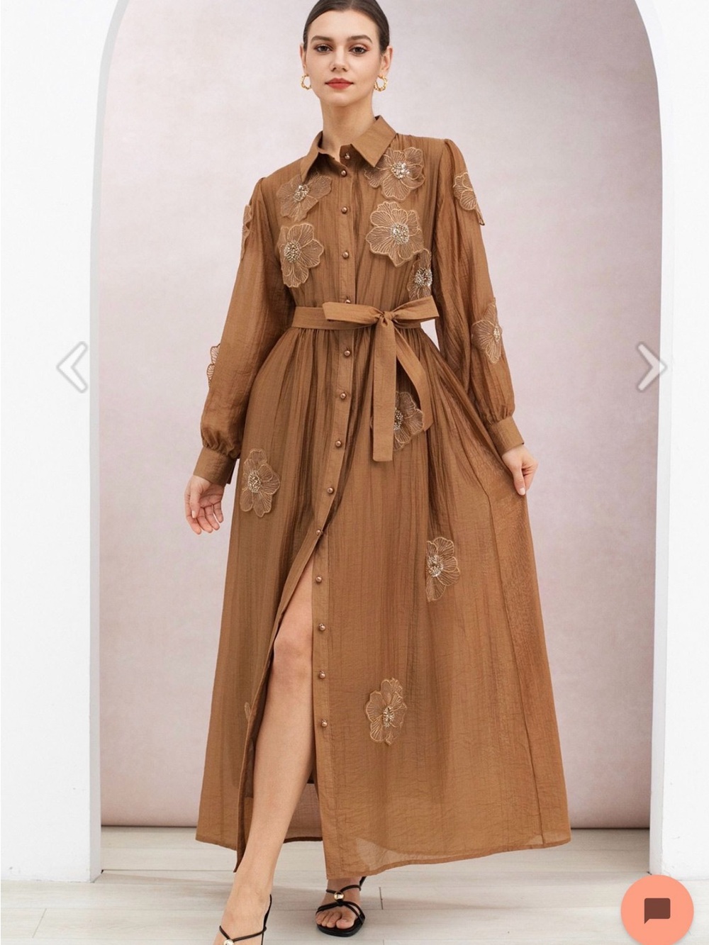BEADED FLORAL APPLIQUES TIE-WAIST BUTTONED MAXI DRESS IN CARAMEL